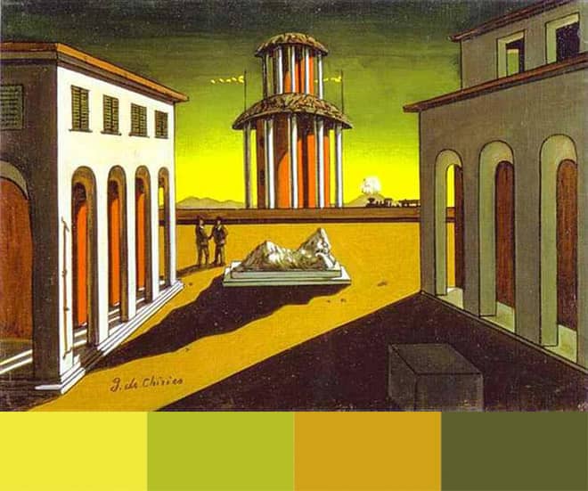 Een geel en groen kleurenpalet geïnspireerd op het werk van Giorgio de Chirico