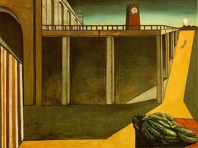 Ein Bild (von Chirico), aus dem Farben für eine gelbe und grüne Farbpalette ausgewählt wurden