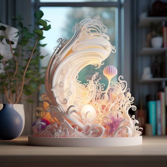 Concept art: een bureausculptuur geprint door een 3D-printer